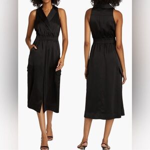 Ramy Brook Nikia Sleeveless Black Satin Midi Dress Sz L